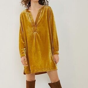 Anthropologie mustard yellow gold velvet Melody v-neck tunic dress size large